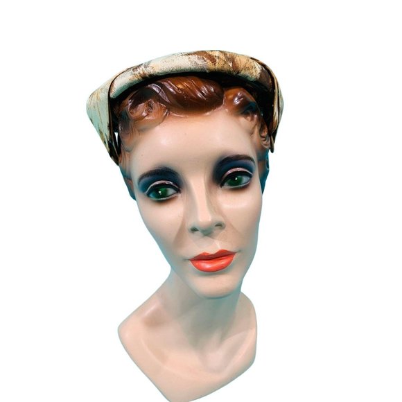 Vintage 1950s Floral Cap Brown Printed Round Hat - Picture 4 of 10